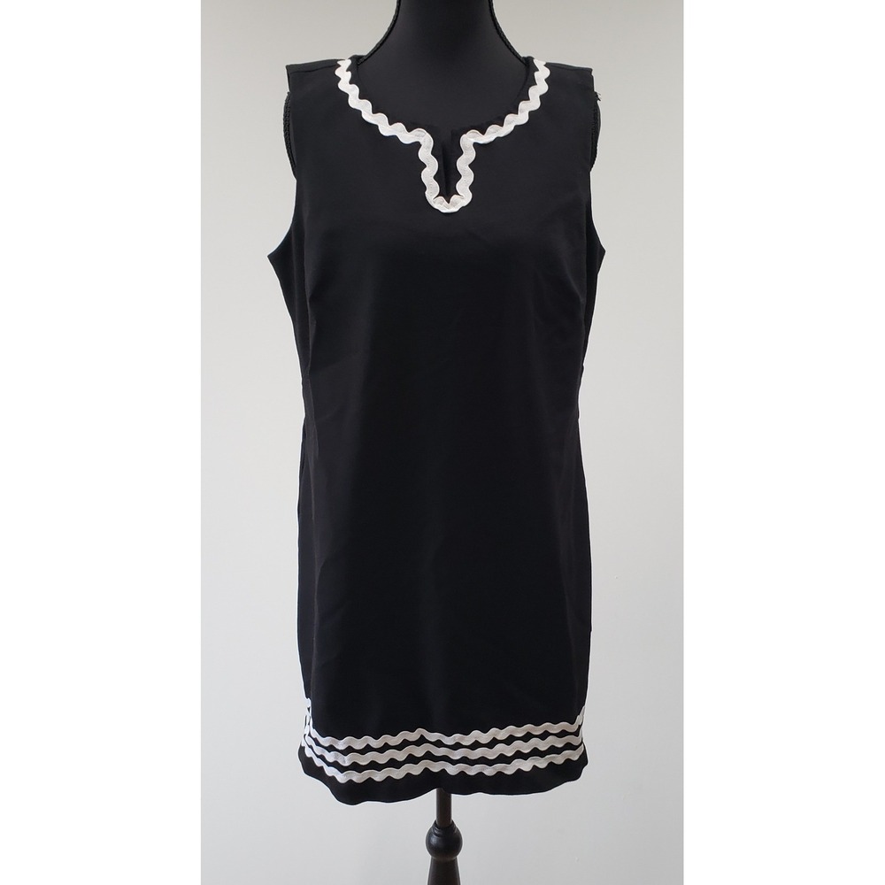 Talbots Shift Dress Womens 12P Black Rickrack Trim Sleeveless Petite Preppy Mod